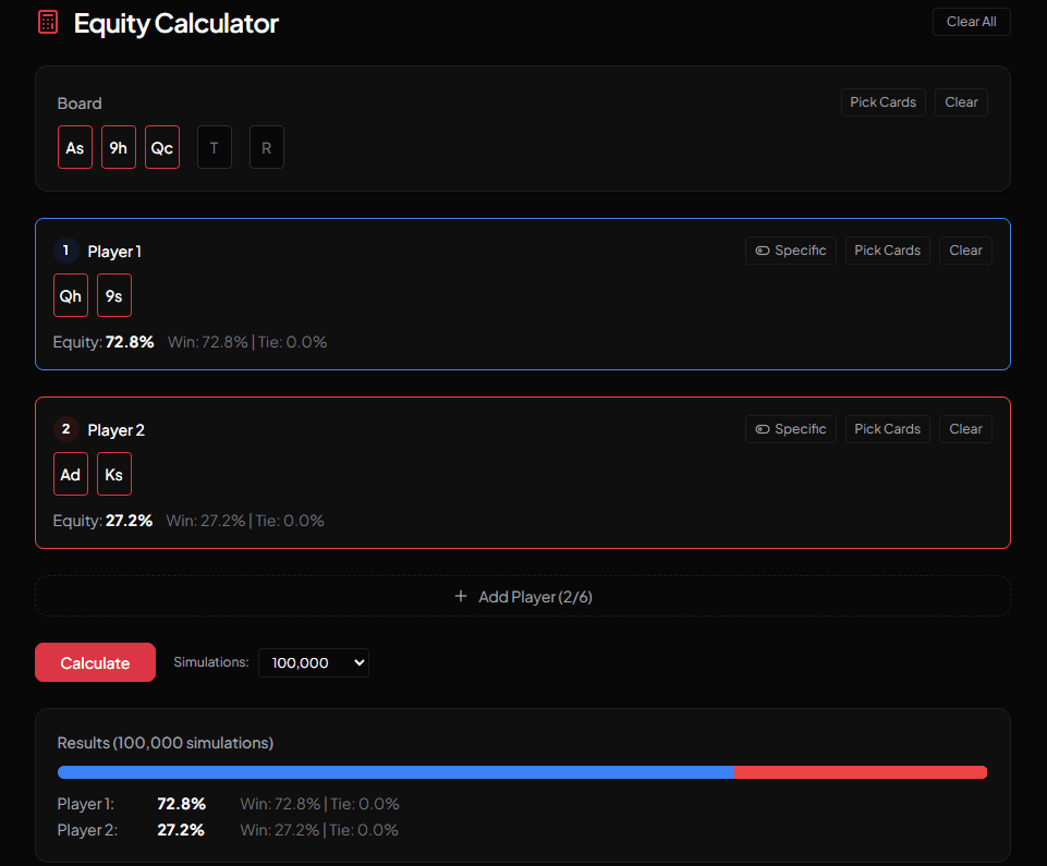 Equity Calculator interface showing hand vs. hand, hand vs. range, range vs. range
