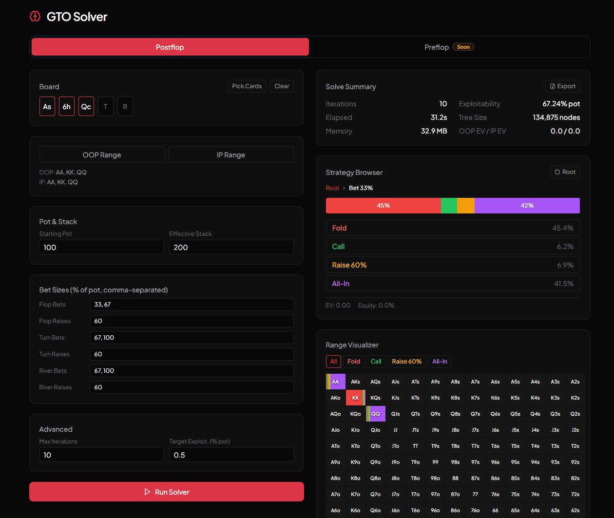 GTO Solver (Postflop) interface showing configure any postflop spot: oop/ip ranges, board, pot, effective stack