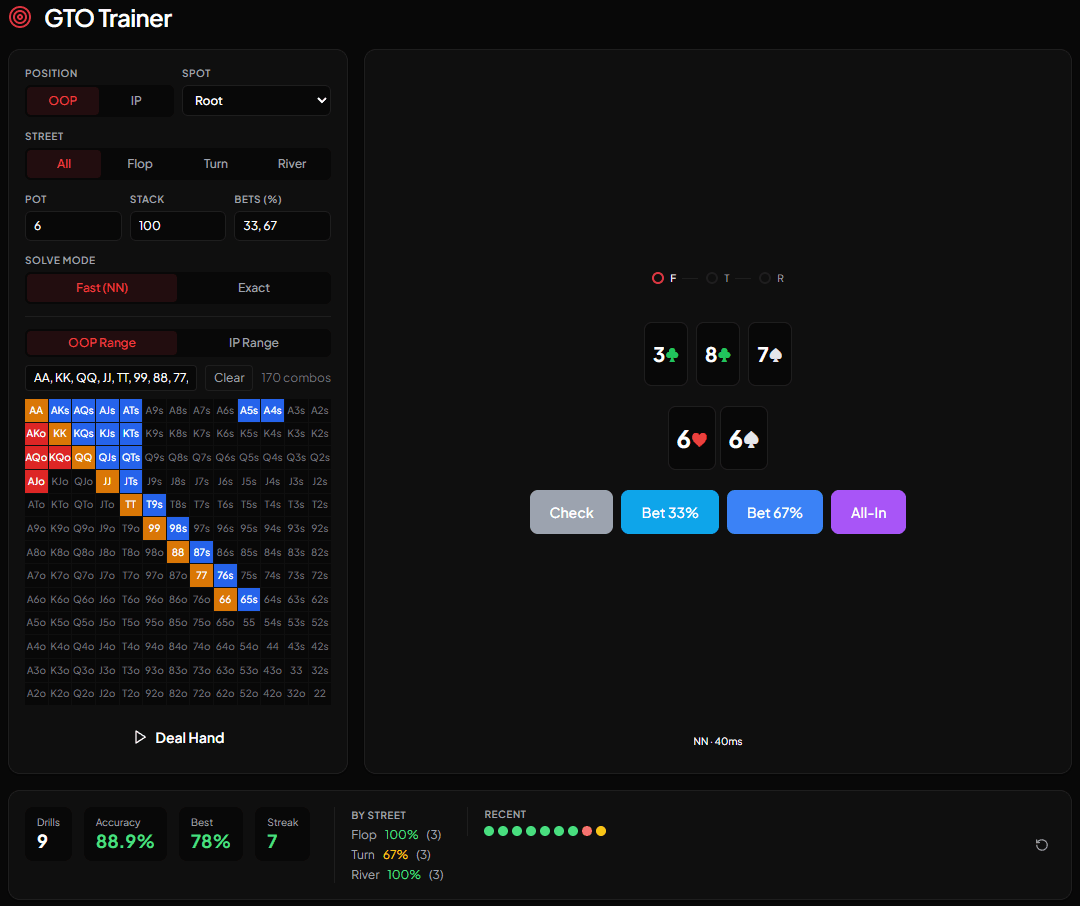 GTO Trainer with Neural Network interface showing random scenario generation from your configured ranges and board textures